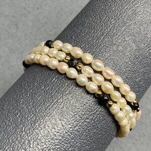 Memory Wire Wrap Bracelet Faux Pearl Black Gold Beaded Organic Elegant Chic Prom